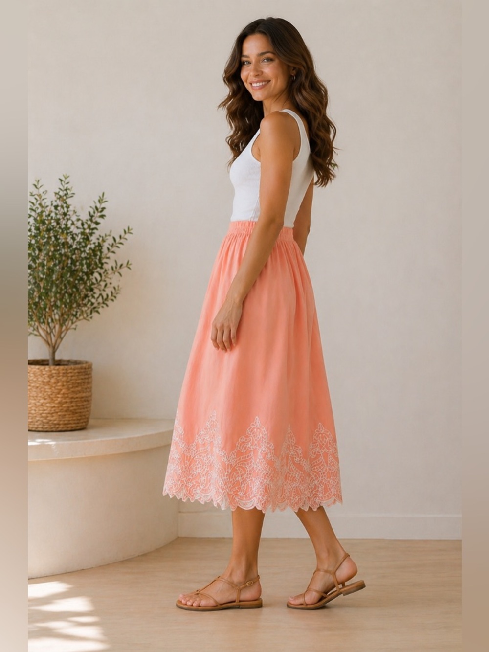 NEW! Ming Wang Embroidered Midi Pull On Elastic Waist Full Skirt Size XS NWT